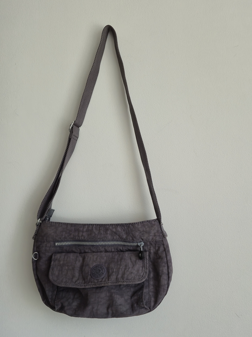 Kipling Utilitarian Grey Crinkled Nylon Crossbody Bag